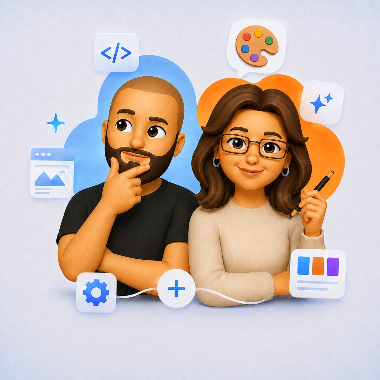 Illustration de l'atelier Webcraft Studio : un développeur et une designer entourés d'icônes de code, de design et d'interface.